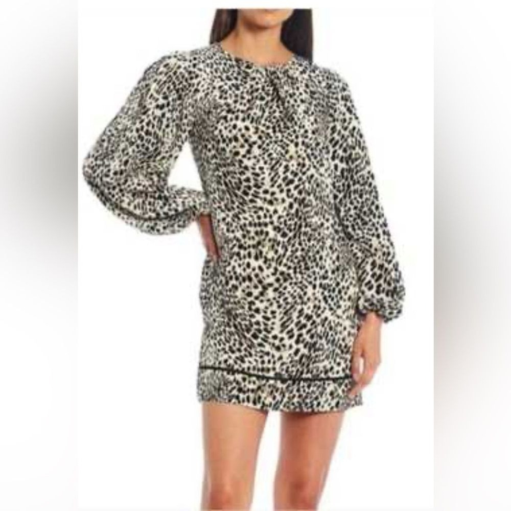 LDT Leopard‎ Print Puff Sleeve Mini Shift Dress Neutral Animal Print Size 0